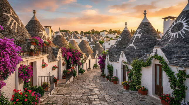 Charming narrow street lined with trulli houses in Alberobello Italy
