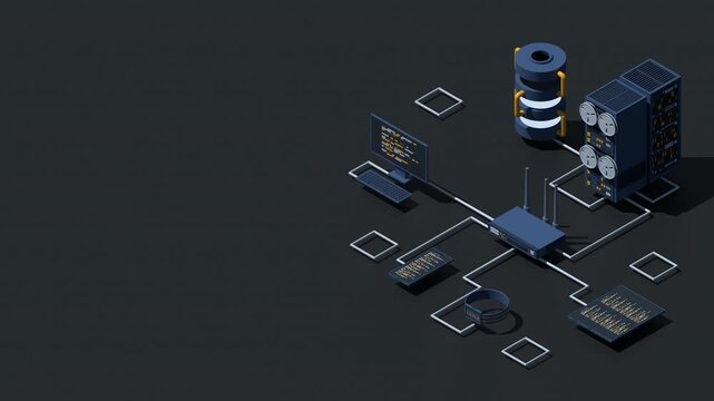 3D isometric network router animation. Isometric network concept with router, computer, smartphone, and server connection. Isometric technology. 4K video animated in isometric style