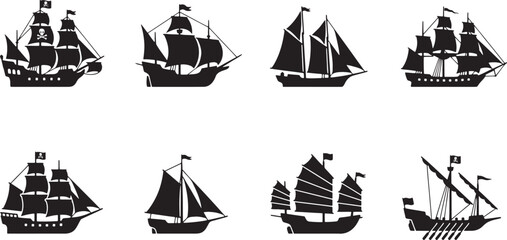 Historic naval sailing ships pirate galleons and traditional junk vessels © HM