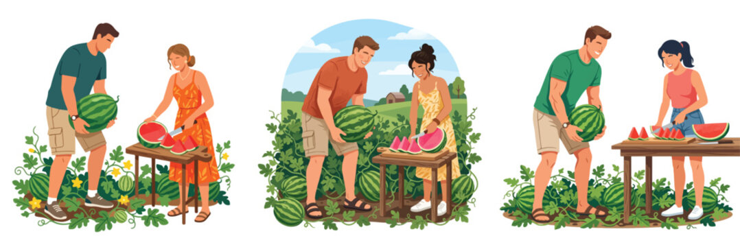 Set of illustrations depicting a couple harvesting and preparing fresh organic watermelons in a sunny summer garden field