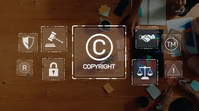Professionals engage around a wooden table discussing copyright symbols and concepts of intellectual property rights, emphasizing creativity and collaboration during their meeting. Raster