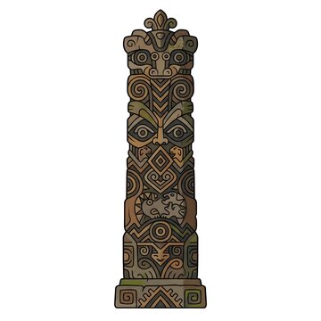 Vector illustration of a traditional carved wooden totem pole featuring tribal faces, animals, and geometric motifs. Isolated on white.