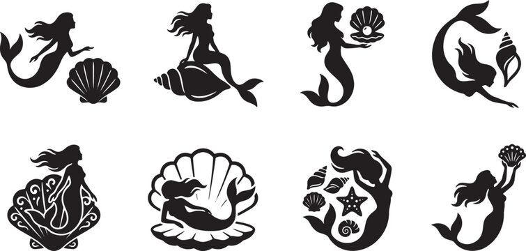 Mythical mermaid silhouettes with seashell and pearl accessories