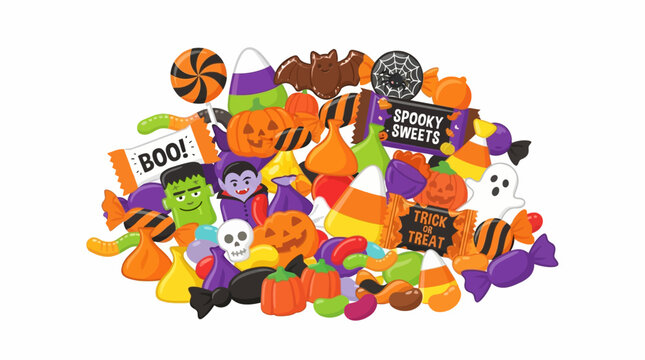 Happy Holloween day 2026 Halloween candy pile with spooky sweets and trick or treat snacks, colorful autumn holiday confectionery vector, festive sugar treats collection isolated on White