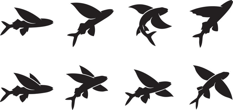 Leaping flying fish silhouettes skimming over ocean water