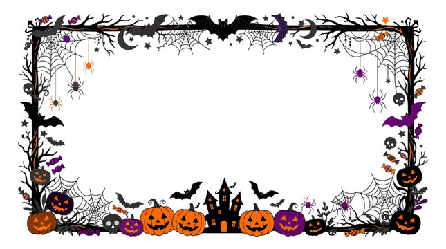 Happy Holloween day 2026 Spooky Halloween frame with pumpkins and bats, creepy haunted house border vector, orange and purple holiday invitation template isolated on White Background flat vector