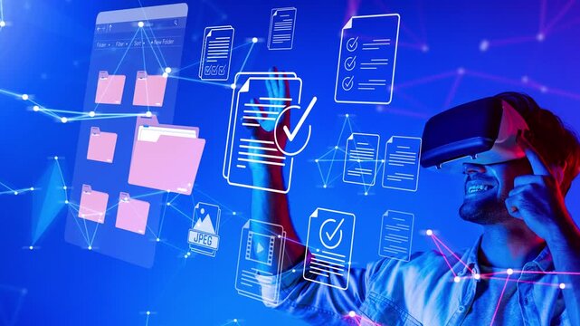 Innovative Virtual Reality Experience with Man Interacting with Digital Documents and Files in Futuristic Environment Sigmoid