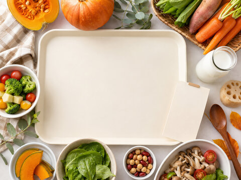 Overhead frame of fresh autumn vegetables around an empty tray and blank note card, healthy seasonal cooking background with copy space,空のトレーとメモカードを囲む秋の新鮮野菜の俯瞰フレーム　旬の食材と健康的な食事の背景（コピースペースあり）