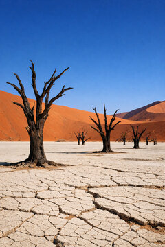 Iconic Deadvlei in Namib Desert, Namibia, ancient dead camel thorn trees standing on cracked white clay pan surrounded by towering orange-red sand dunes, deep blue sky, bright sunlight
