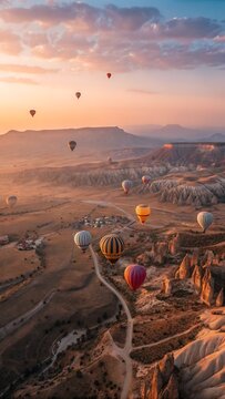 Hot air balloons flying over valley at sunrise. Aerial view of colorful balloons in sky.