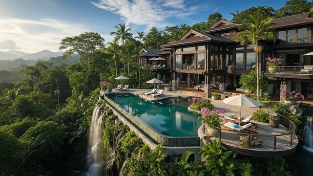 Resort mansion features a luxury infinity pool overlooking a tropical jungle landscape with a large waterfall cascading down the cliffside near a modern architectural building designed for travel.