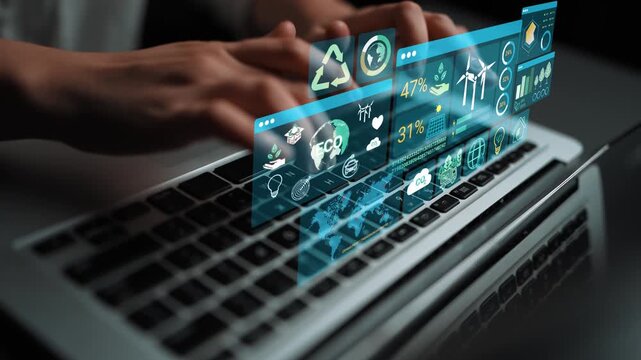 Hands Typing on Laptop with Futuristic Digital Interface Displaying Environmental and Technological Data Innovations for Sustainable Solutions. Entropy.