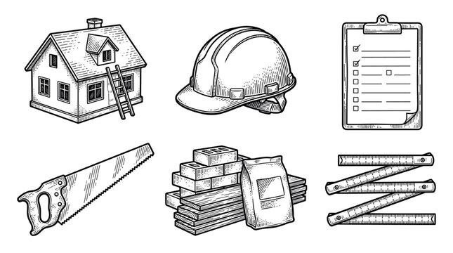 House construction and building tools vector illustration set in vintage engraving style