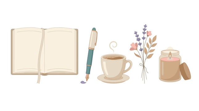 Cozy journaling and self care vector illustration set with open notebook, fountain pen, coffee cup, lavender bouquet, and scented candle