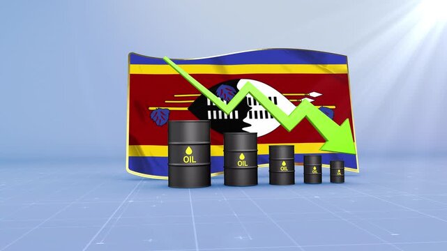 Swaziland Oil Price Falling with Oil Barrels Downward Green Arrow and 3D Financial Data Visualization Graphs for Economy and Business Concept
