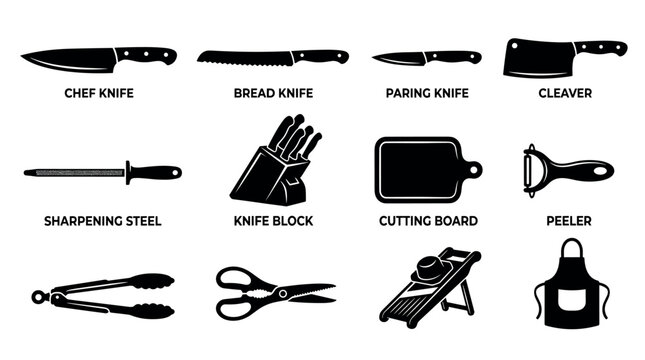 Kitchen knives and cooking tools glyph icon set vector