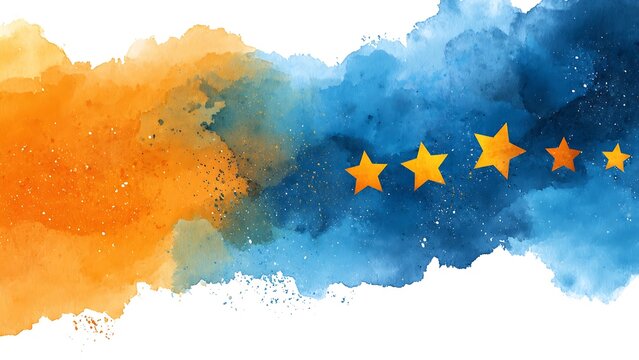 Five Golden Stars on Blue and Orange Watercolor Background