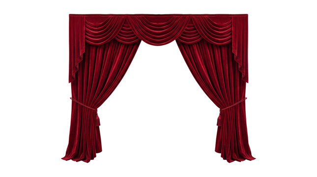 Red theater curtain transparent PNG, isolated stage drape cutout for performance, opera, show and event design