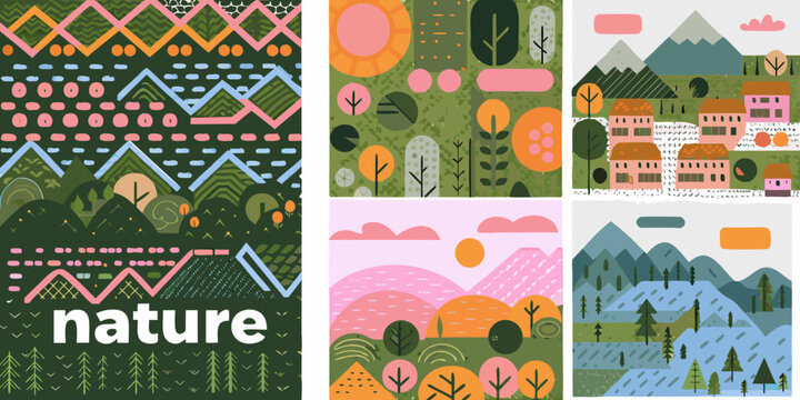 nature posters with geometric patterns and colorful landscapes trees mountains houses sunset vector illustration minimalist design environment outdoor scenery artwork graphic print modern