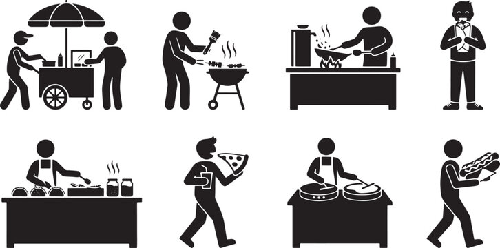 Street food vendors cooking and preparing delicious snacks