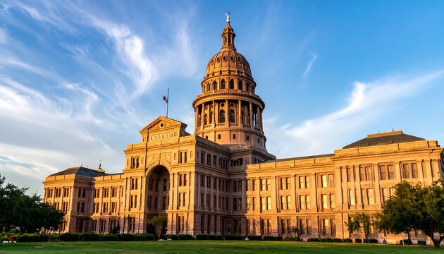 Historic government building with golden dome and clock tower.
