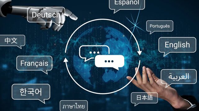 Human and robot interaction representing multilingual communication with various speech bubbles on a digital world map background illustrating globalization. Gluon.