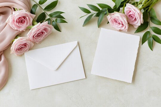 Blank white envelope and square card decorated with fresh light pink roses and green leaves on textured light beige background for romantic wedding invitation mockup
