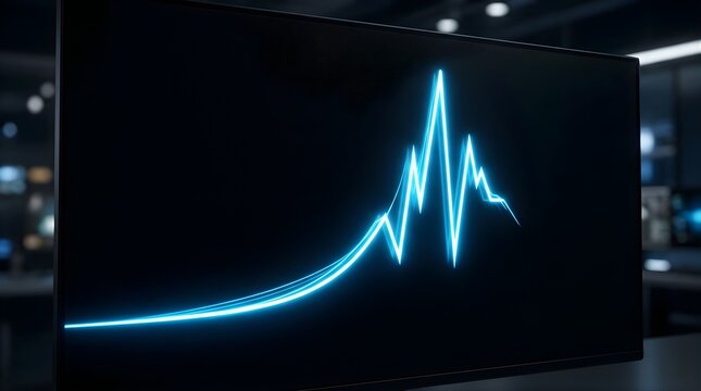 Glowing blue line graph showing growth on a monitor in a dark office