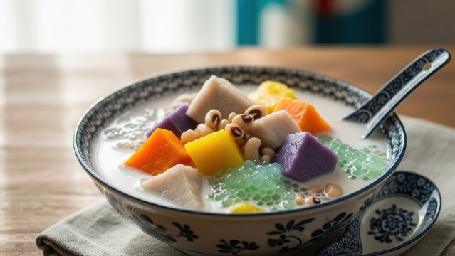 Bubur Cha Cha Dessert Bowl with Colorful Ingredients