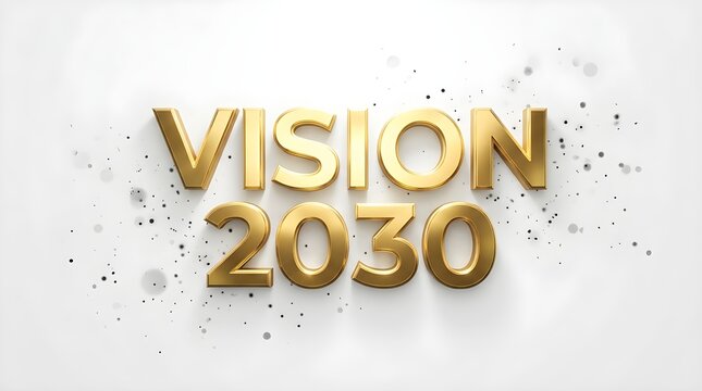 Vision 2030 golden text sign with modern metallic letters and sparkling particles for business and future planning goals