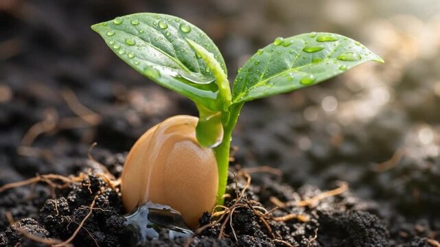 Seedling sprouts from fertile dark soil as a small green leaf reaches upward towards the light with water droplets resting gently on the surface to symbolize new beginnings and sustainable growth.
