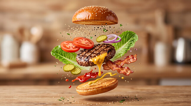 Deconstructed Flying Hamburger Ingredients in Dynamic Motion