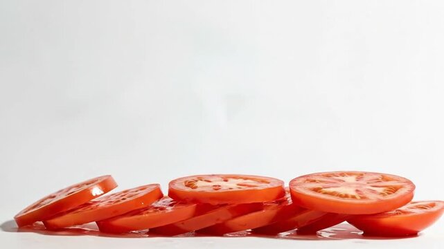 Tomato slices are neatly arranged in a row against a plain white background, providing a clean and minimalist composition that highlights the fresh texture of the red vegetable produce for branding.