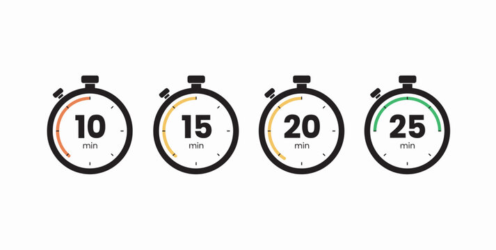 Set of four stopwatch timer icons with 10 15 20 and 25 minute intervals for time management