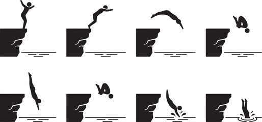 Action sequence of a high cliff diving and cliff jumping performer © HM