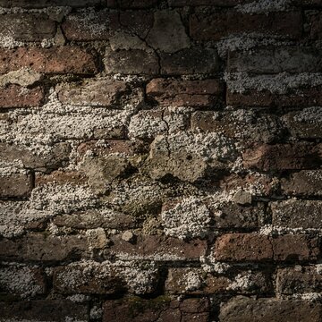Aged brick wall background with cracked mortar and weathered texture