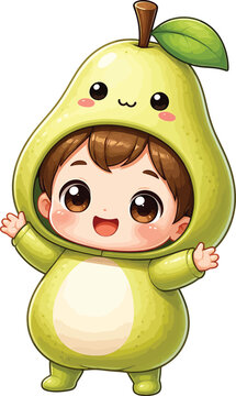 Close up of a stylized green cartoon avocado character standing on white