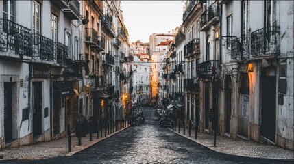 Fototapeta premium Cobblestone street lined with historic buildings.