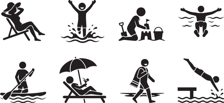 Beach relaxation and summer water sports activities silhouettes collection
