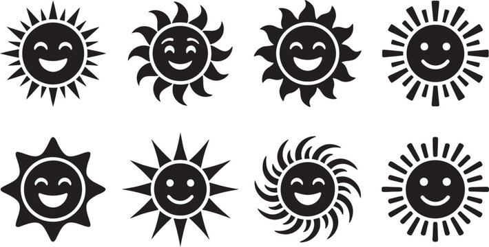 Smiling sun icons set with different facial expressions and rays shape