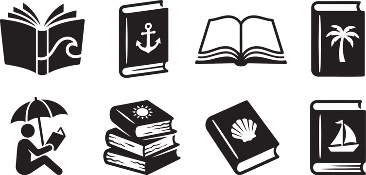 Collection of book icons with sea theme elements and reading silhouettes