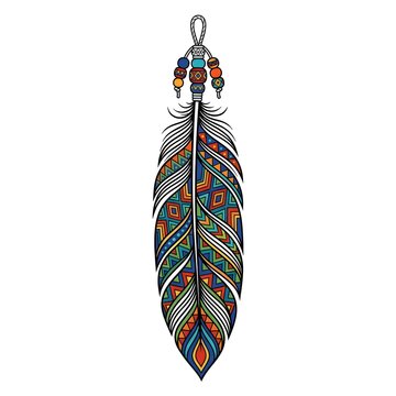 Detailed vector illustration of a bohemian feather featuring colorful indigenous geometric patterns and decorative beads isolated on white.