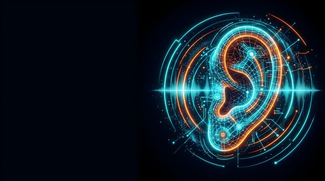 Neon glowing digital human ear with audio sound wave frequency visualization