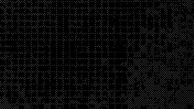 4K Minimal Digital Dot Matrix Background. Seamless black and white pixel halftone grid video effect for cyber technology.