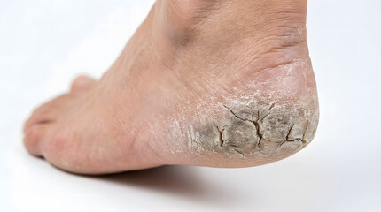 Naklejka premium Closeup of a persons foot with severely cracked and dry heels indicating a skin condition.