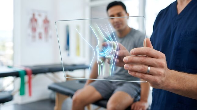 Physiotherapist using digital knee anatomy scan to explain injury to patient