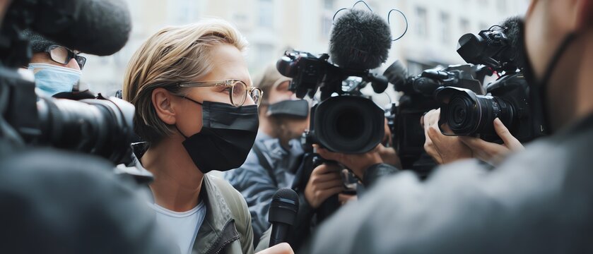 Journalist surrounded by cameras during interview.
