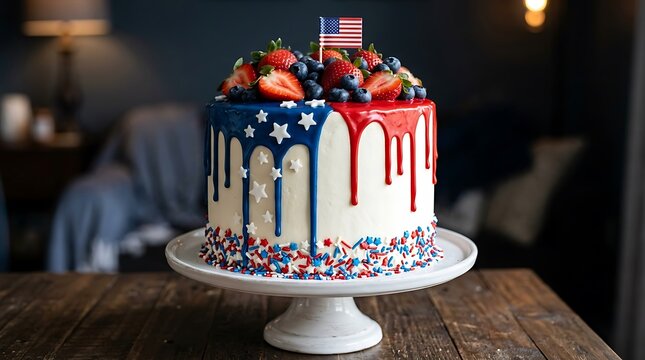 Patriotic fourth of july cake with berries and american flag topper