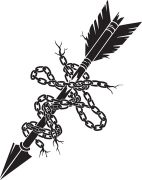 Arrow weapon entangled in broken metal chains icon with restraint