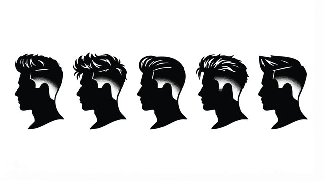 Hairstyles for men are displayed as a set of five distinct black silhouettes showing various modern cuts and fades on a clean white background for design use.